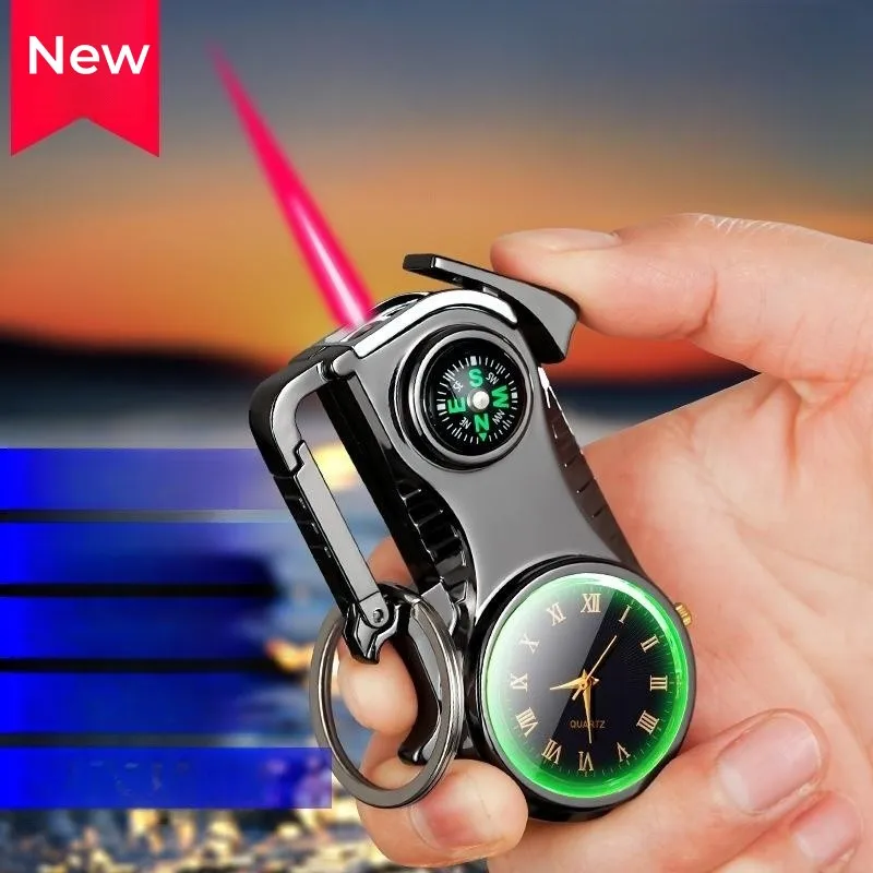 

Metal 2023 New Multifunctional Windproof Direct Flame Gas Lighter Real Dial Outdoor Compass Wine Opener Keychain Lighter