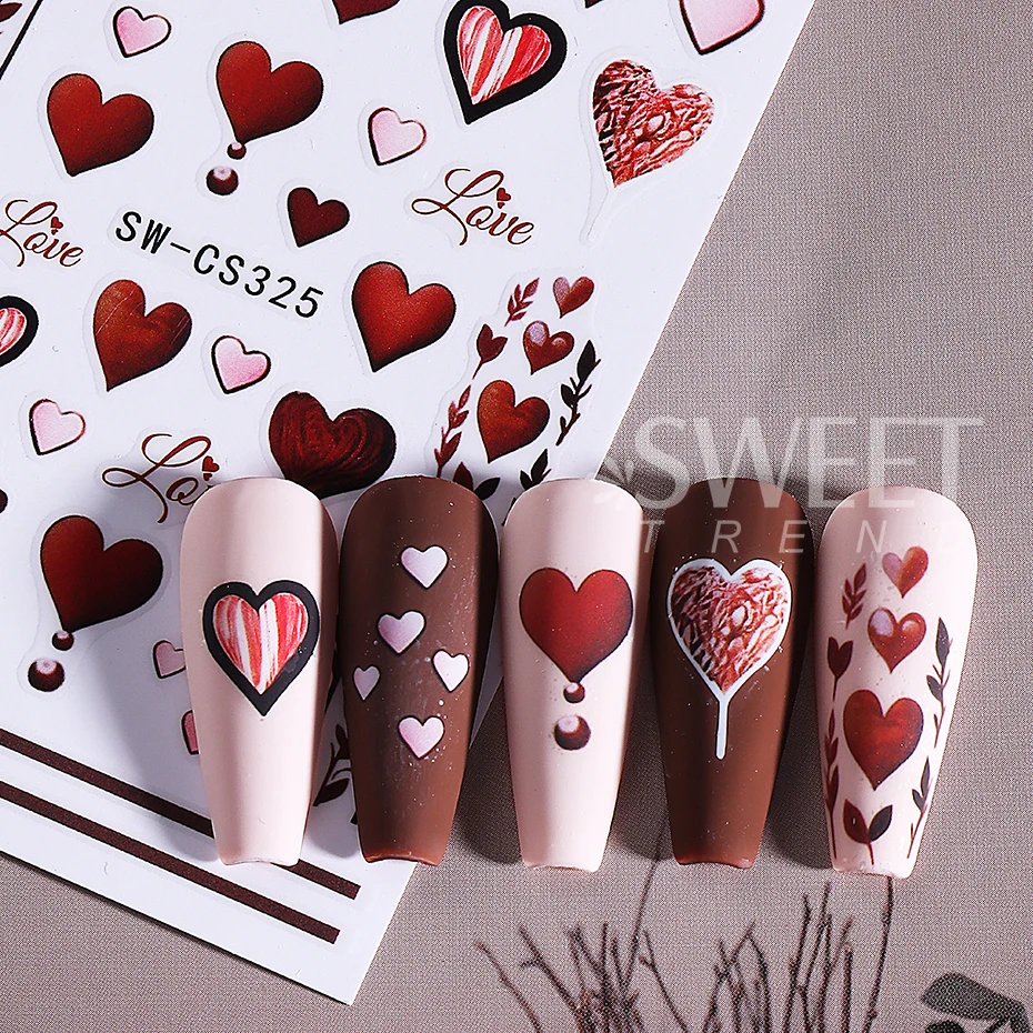 2pcs Valentine's Day Love Heart Nail Stickers Self-Adhesive Sweet Peach Heart Nail Decals DIY Romantic Manicure Decoration Tools