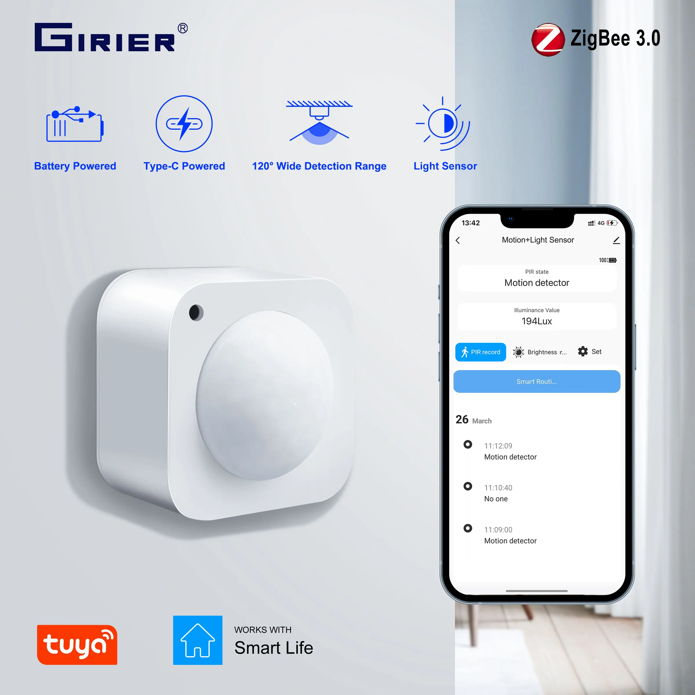GIRIER 투야 지그비 PIR 모션 센서, 스마트 인간 움직임 감지기, 홈 보..