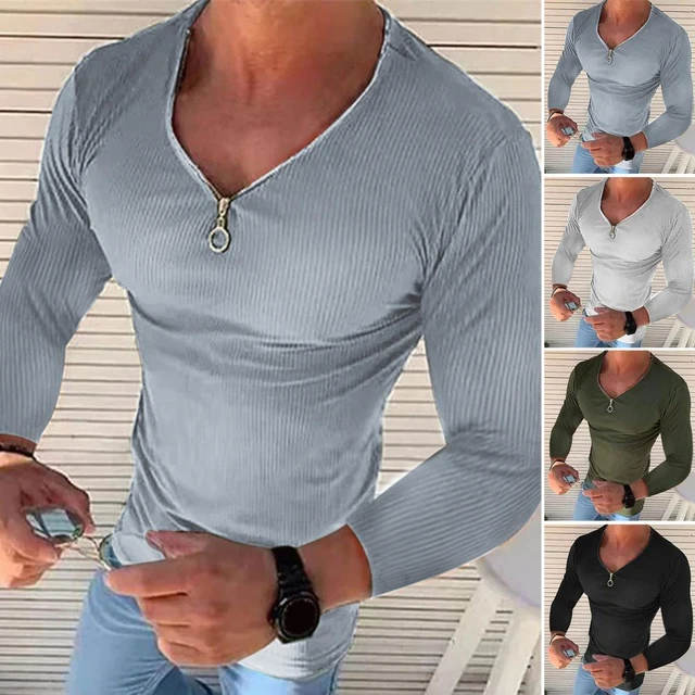 Mens Casual Long Sleeve Ribbed T-shirt Solid Color Stretch