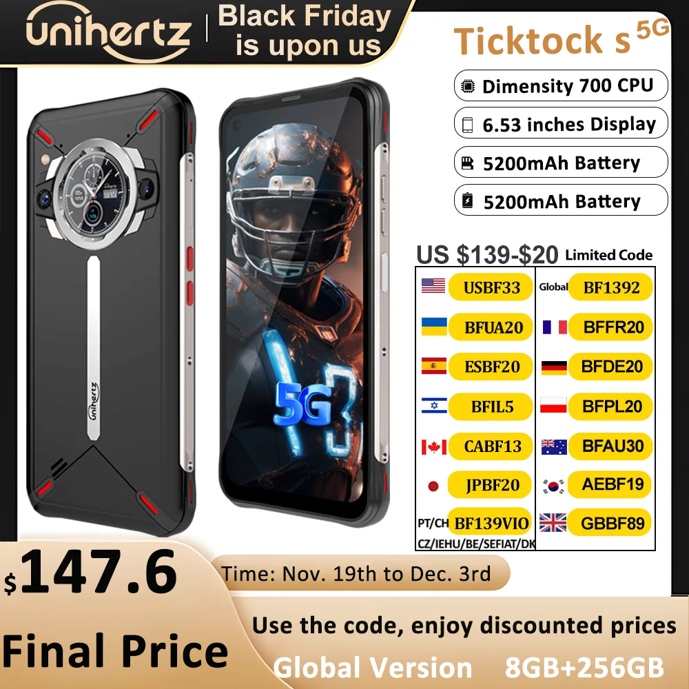Unihertz Ticktock-S Slim Rugged 5G Smartphone 8GB 256GB Cell Phone