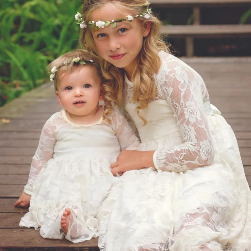 Flower Girl Dresses White Beige Long Sleeve Summer Dress Communion Toddler Kids Christening Wedding Bridesmaid Clothes 2-12 Year