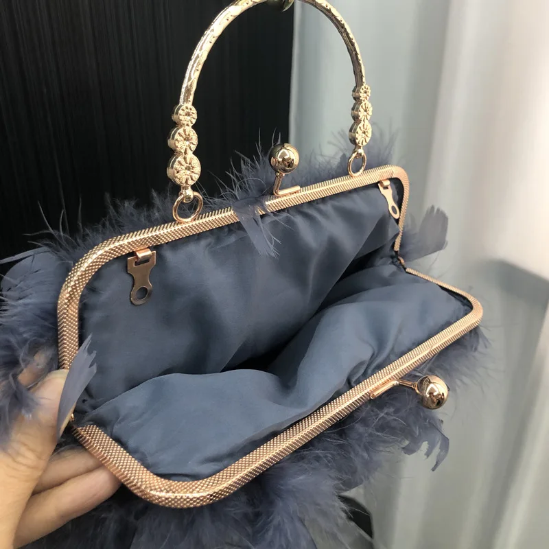 Luxury Ostrich Feather Tassel Evening Bag For Women Autumn Winter Dinner Banquet Clutches Metal Handle Handbags Party Clutch