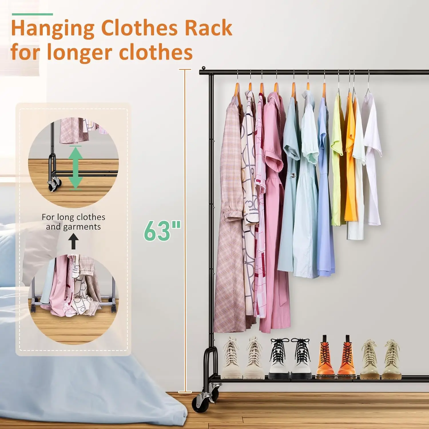 Heavy duty hanger, used for hanging hangers, 43 inch wide roll hanger, metal hanger with wheels used for storing various clothes 3