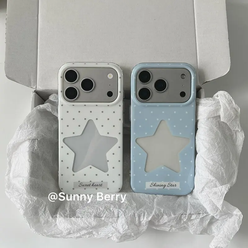 Korean Minimalist Blue & White Polka Dot Star Phone Case Cover