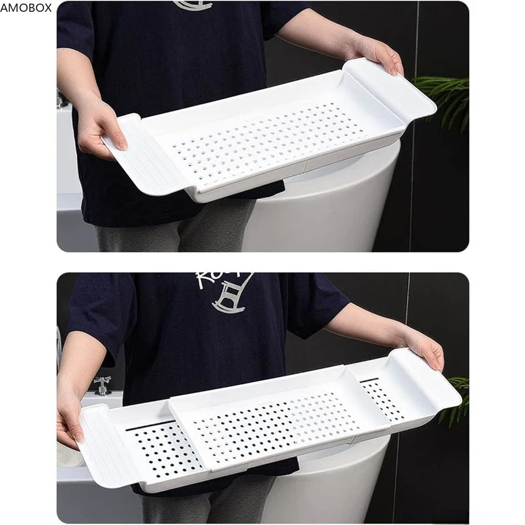 AMOBOX Expandable Drain Bath Shelf Caddy Tray, Multifunctional Plastic Bathroom Organizer Simple Stylish Bathtub Storage Rack