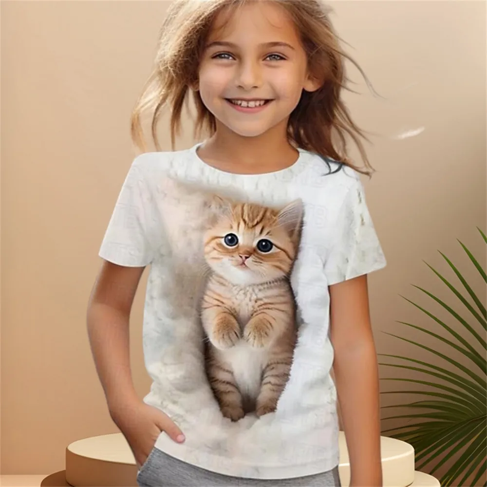 2024 Girl Clothes Short Sleeve Children's Clothing 2 to 8 Years One Piece Cat Graphic T Shirts Kawaii Tops Boys Summer Clothes 2