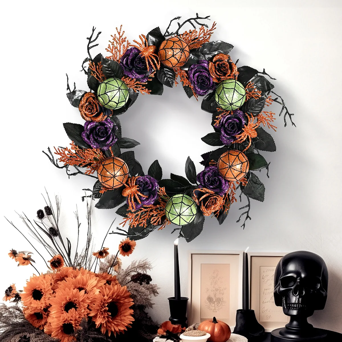 

45cm Halloween Wreath Spooky Spider Rose Wreath Garland With Ball Ornaments For Front Door Halloween Decoration Party Supplies