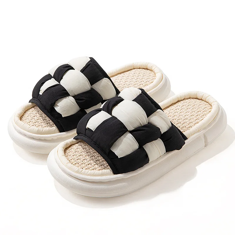 Simple Flax Lattice Spring Summer Women Slippers Home Floor Slippers for Women Couples Feeling Soft Bottom Linen Slippers
