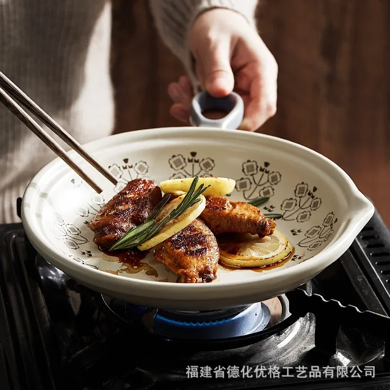 

Креативная тарелка в японском стиле с одной ручкой и ручкой для духовки, жаростойкая посуда, домашний керамический поддон с открытым огнем для сковороды.