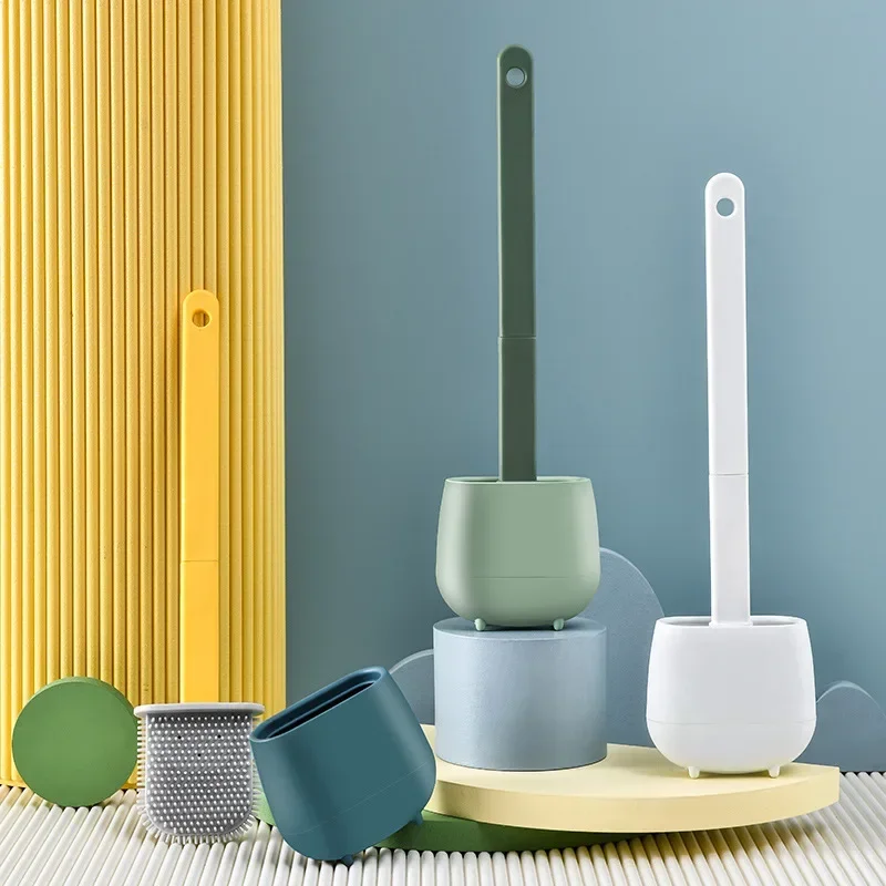 Toilet Brush Water Leak Proof with Base Silicone Wc Flat Head Flexible Soft Bristles Brush with Quick Drying Holder Set for Home