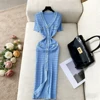 YuooMuoo Brand Fashion Pearl Buttons Knitted Long Dress Spring Summer Luxury V-neck Bodycon Sweater Dress Office Lady Vestidos