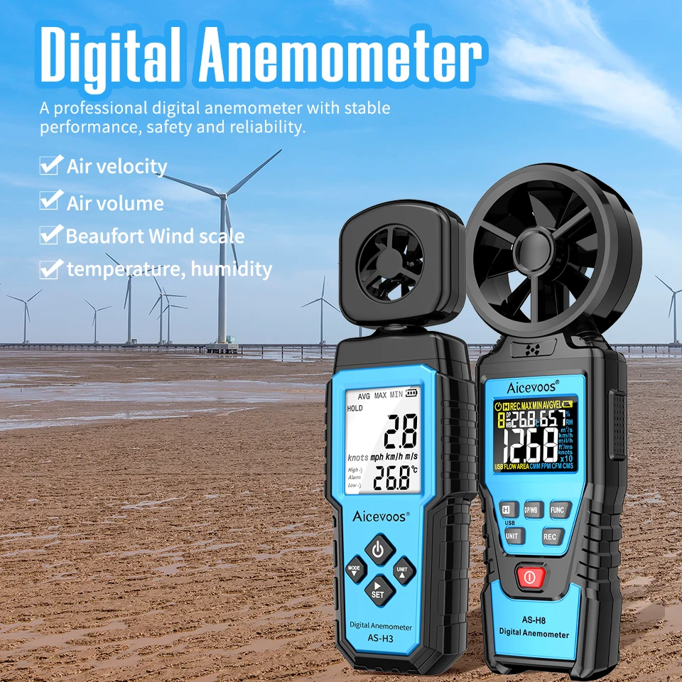 Digital Anemometer Handheld Wind Speed Meter Wind Power Temperature Humidity Measurement Air Volume Tester