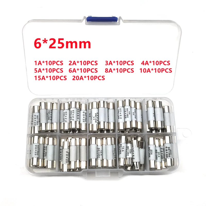 Kit Conjunto Peças Lote 6*25 mm 250v Fusível Cerâmico 1a 2a 3a 4a 5a 6a 8a 10a 15a 20a Fusíveis 6×25 mm 100