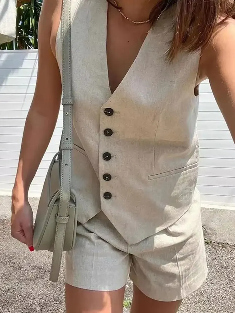 HH Women Pant Sets Vintage Solid Single Breasted V Neck Waistcoat Tops + Slim Zipper Fly Shorts Summer Office Lady Suit