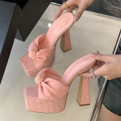 Eilyken Chunky Platform Woman Slippers Butterfly-knot Open Toe Wedding Banquet Sandals Extreme High Heels Slide Shoes