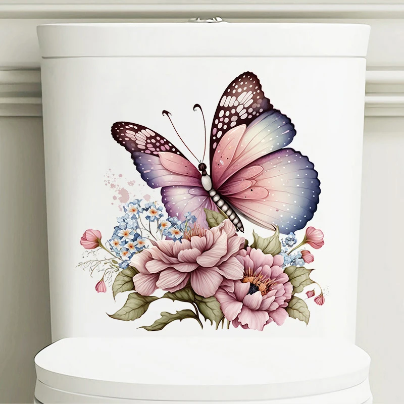 Butterflies Plants Flowers Toilet Stickers Waterproof Bathroom Toilet Decor Decals Living Room Cabinet Decor Self Adhesive Mural