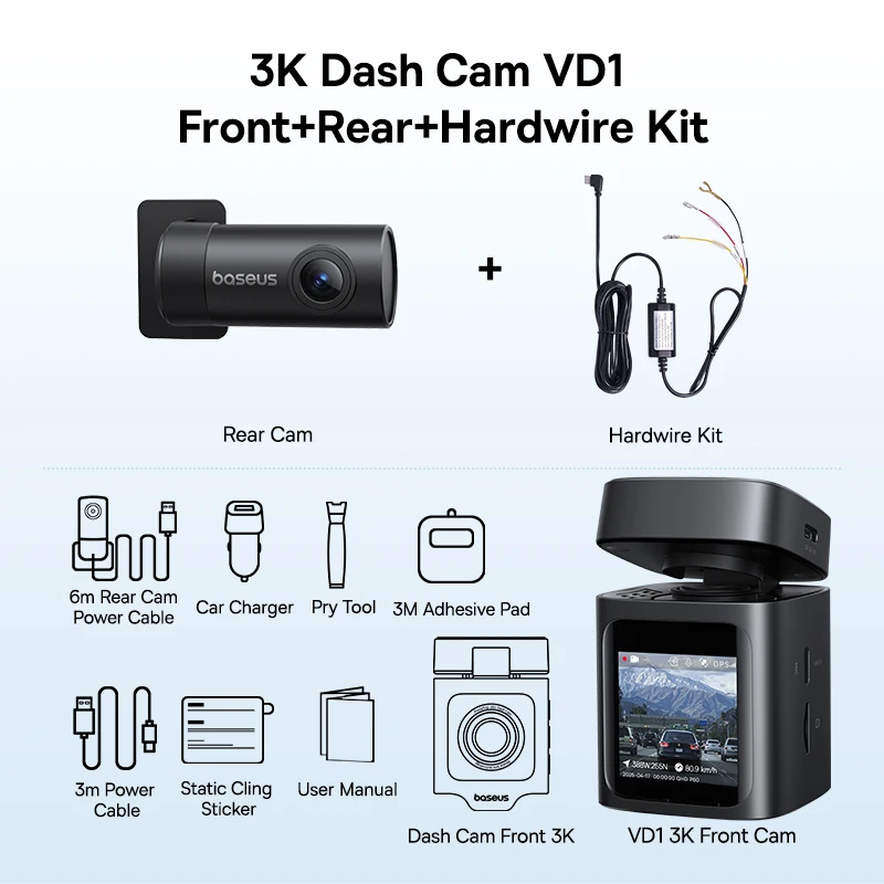 Dashcam Voiture Avant Arrière 4K, 170°+140°Camera Voiture WiFi GPS Avec