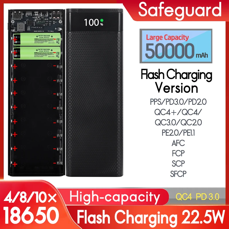 Power bank case upgrade quick charging 22.5W QC PD 3.0 type c 4/8/10*18650 battery holder charging box phone charger