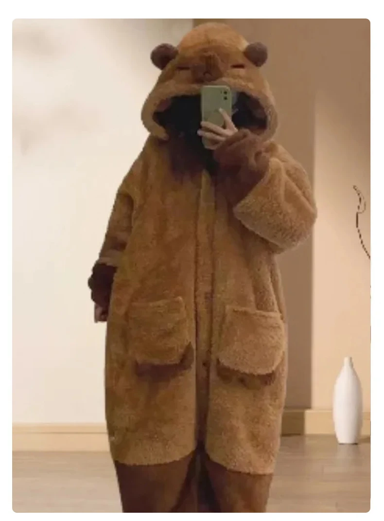 Bademantel für Damen, mit Dusch gepolstert, warm, Übergröße, Cartoon-Bär-Pyjama, Kaffeefarben, Morgenmantel, einteiliger Pyjama aus Korallensamt – Detail 6