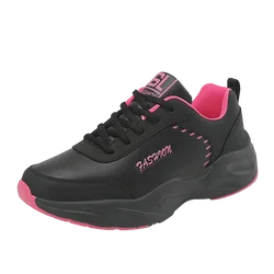 Women's Waterproof Lightweight Leather Running Shoes - Non - Slip, Soft, Casual Sneakers - 38 (Black - Rose Red)