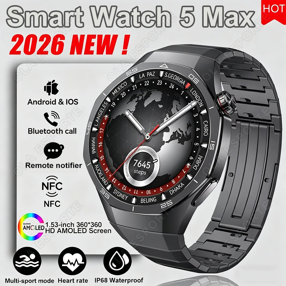2026 New Sports Watch 5 MAX Smart Watch AMOLED Screen NFC GPS Tracker Bluetooth Call Health Waterproof Smartwatch Men Women HW12 1