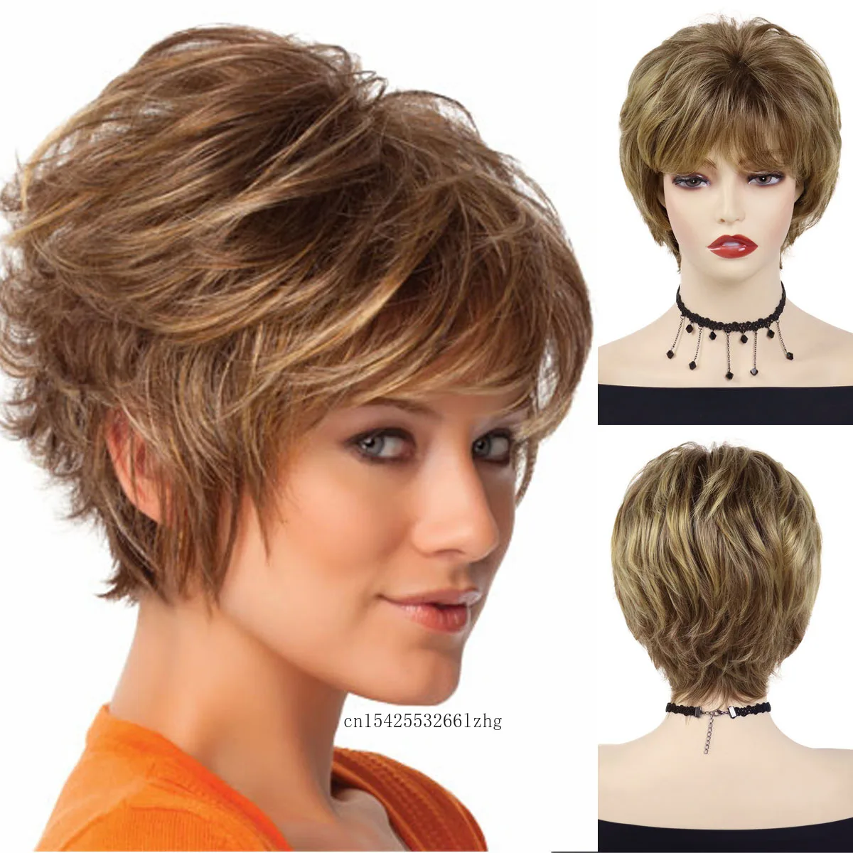 

GNIMEGIL Synthetic Blonde Hair Short Pixie Cut Wig Natural Wave Hairstyle Ladies Wig with Bangs Heat Resistant Daily Women's Wig