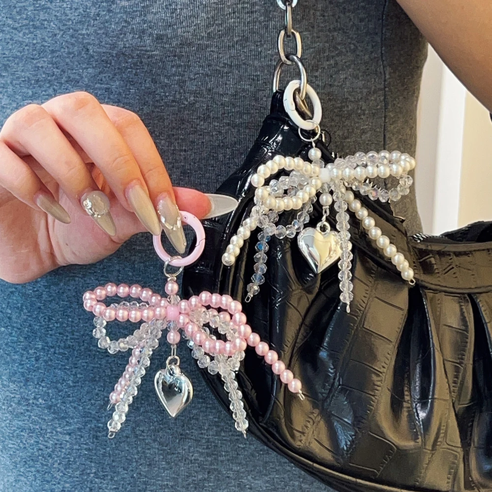 Y2K Crystal Double Butterfly Pearls Pendant Charm Heart Keychain Elegant Keyring Sweet Phone Hangings Bowknot String of Beads