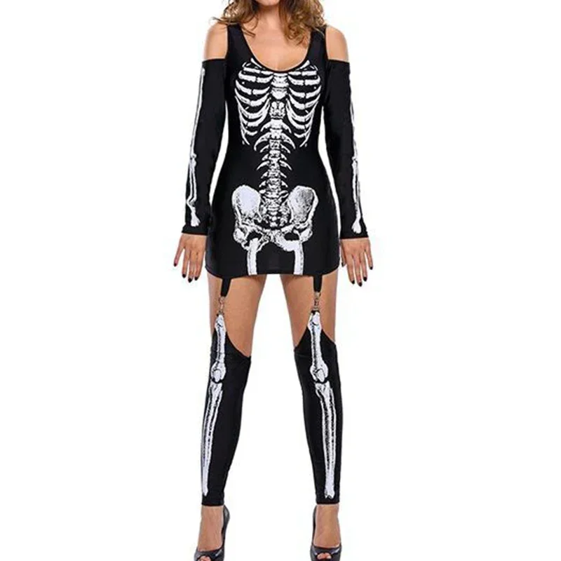 

Новинка, эротичный костюм для Хэллоуина с рисунком черепа, скелета, открытыми плечами, темное платье для выступления