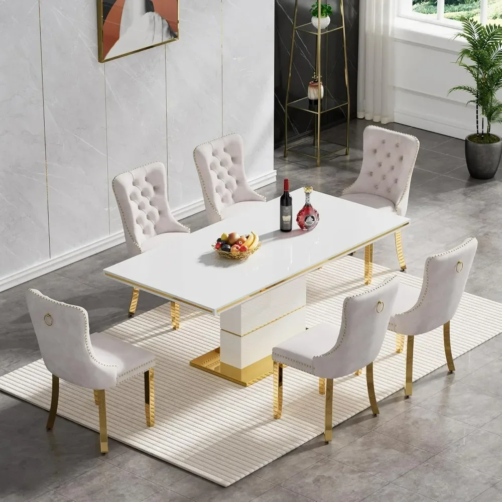 Dining Table Set for 6 with Tufted Chairs and Stainless Steel Base