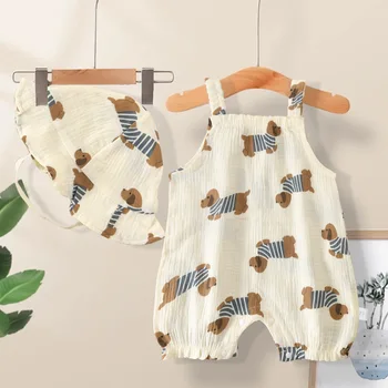 Baby's Summer Gauze Overall Baby Romper Summer Clothing with Hat Sweater Vest Bodysuit Newborn Thin Cotton Jumpsuit Clothes