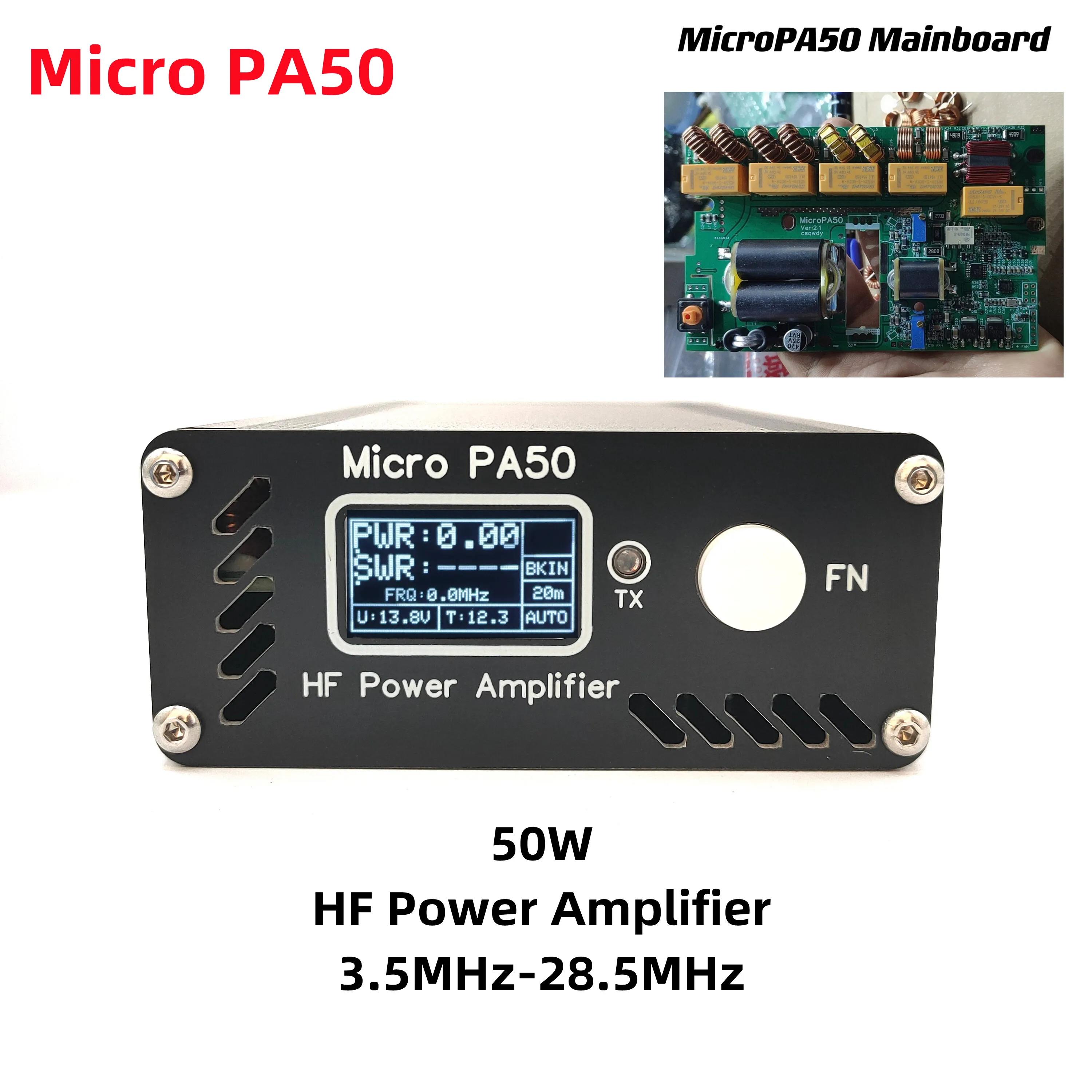 

HF Power Amplifier Micro PA50 Intelligent Shortwave 50W 3.5MHz-28.5MHz Digital Display Power/SWR Meter + LPF Filter For Radios