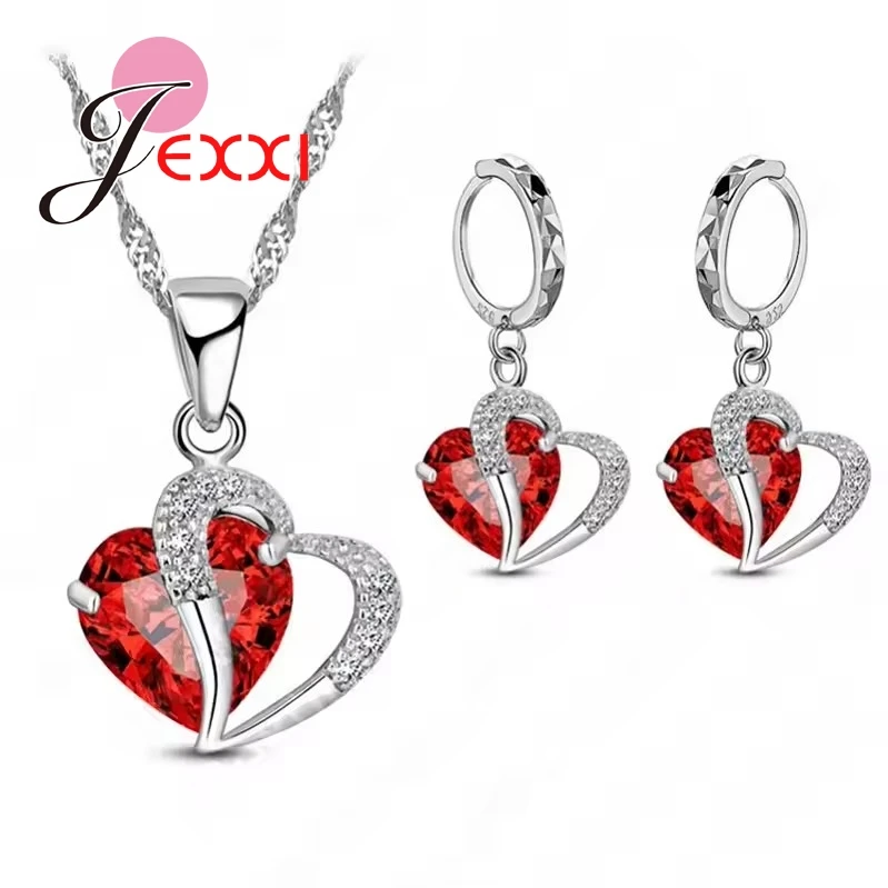 100 % echtes 925er-Sterlingsilber-Schmuckset, glänzender kubischer Zirkon, Herz-Anhänger, Halskette, Brisur-Ohrringe für Frauen, Geschenke – Detail 2