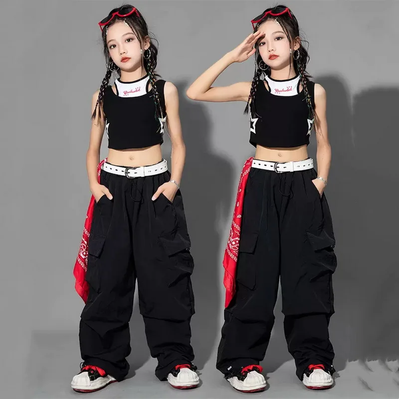 Girls hip hop jogger pants cargo style, high waist, vintage streetwear baggy trousers for kids and teens ages 5-14. black