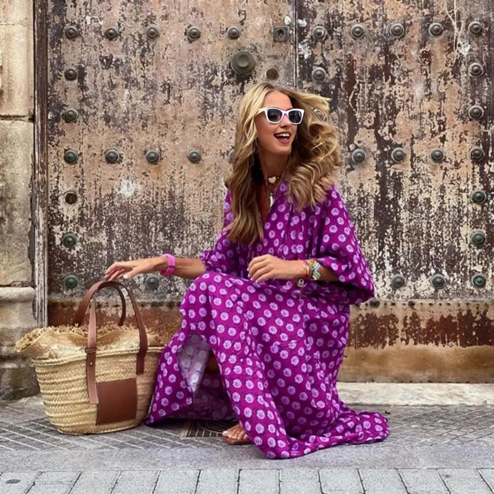 

Летнее женское платье миди с геометрическим принтом, V-образным вырезом и рукавами-фонариками, а-силуэт, для летнего отпуска, в пляжном стиле