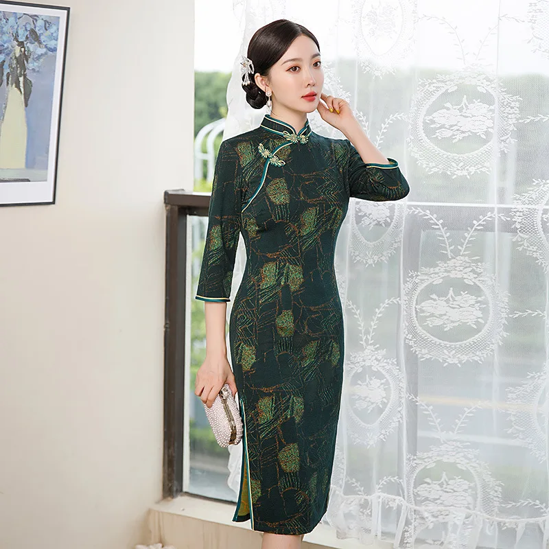 2023 Dark Green Floral Cheongsam Mother Dress Plus Size Mid Long Vintage Qipao Women Chinese Style Dresses Novelty Costume