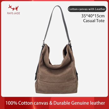 Borsa a Tracolla Vintage in Tela Lavata per Donna, Grande Capacità, Stile Hobo, con Tracolla Regolabile in Pelle, per Uso Quotidiano e Shopping