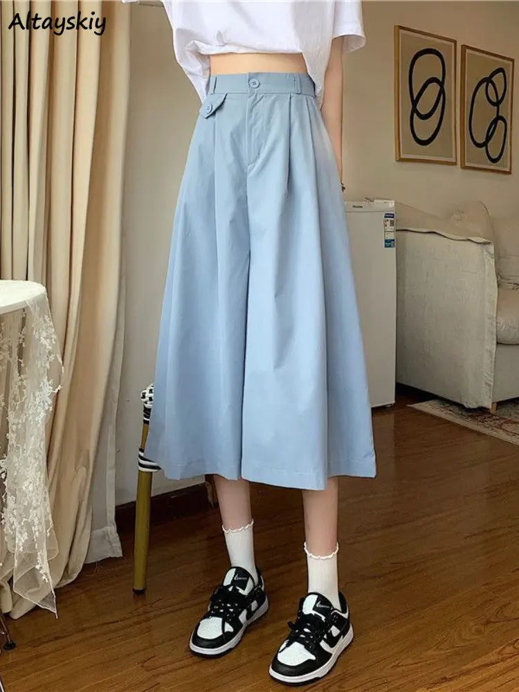 

Pants Women Solid Leisure Chic Ulzzang Wide Leg Streetwear Holiday Summer Calf-Length Simple All-match Comfortable Daily Office