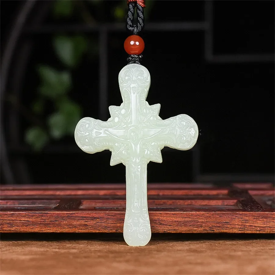 

Chinese Hotan White Jade Cross Pendant Necklace Jewellery Fashion Hand-Carved Relax Healing Man Women Luck Gift Amulet Free Rope