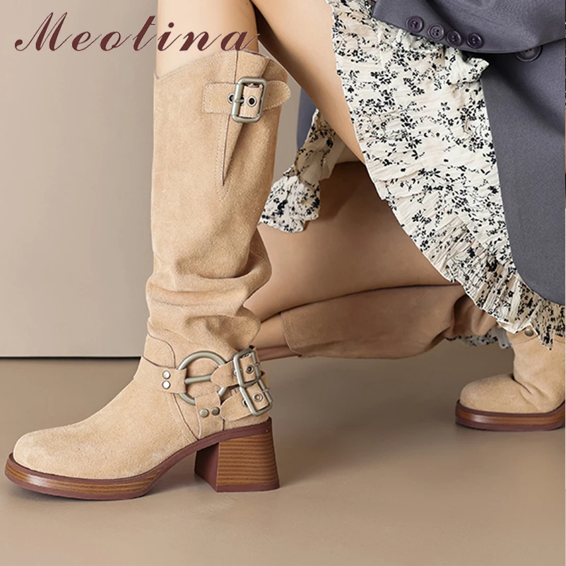 

Женские сапоги до колена Meotina, зимние сапоги из натуральной кожи, с круглым носком, на блочном высоком каблуке, с металлическим украшением, в западном стиле