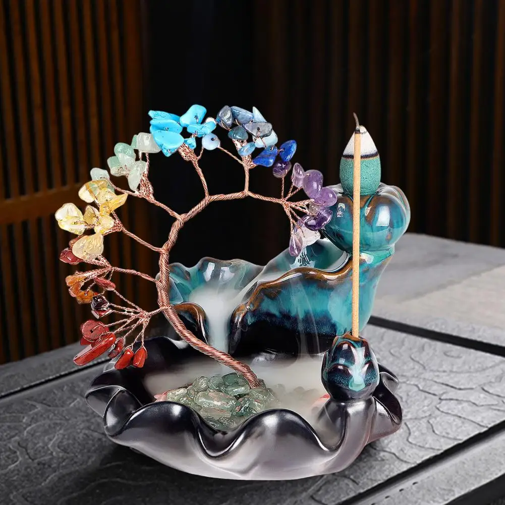 Bruciatore D'Incenso A Cascata Con Albero Della Vita E Cristalli Chakra – Porta Incenso In Ceramica Per Aromaterapia