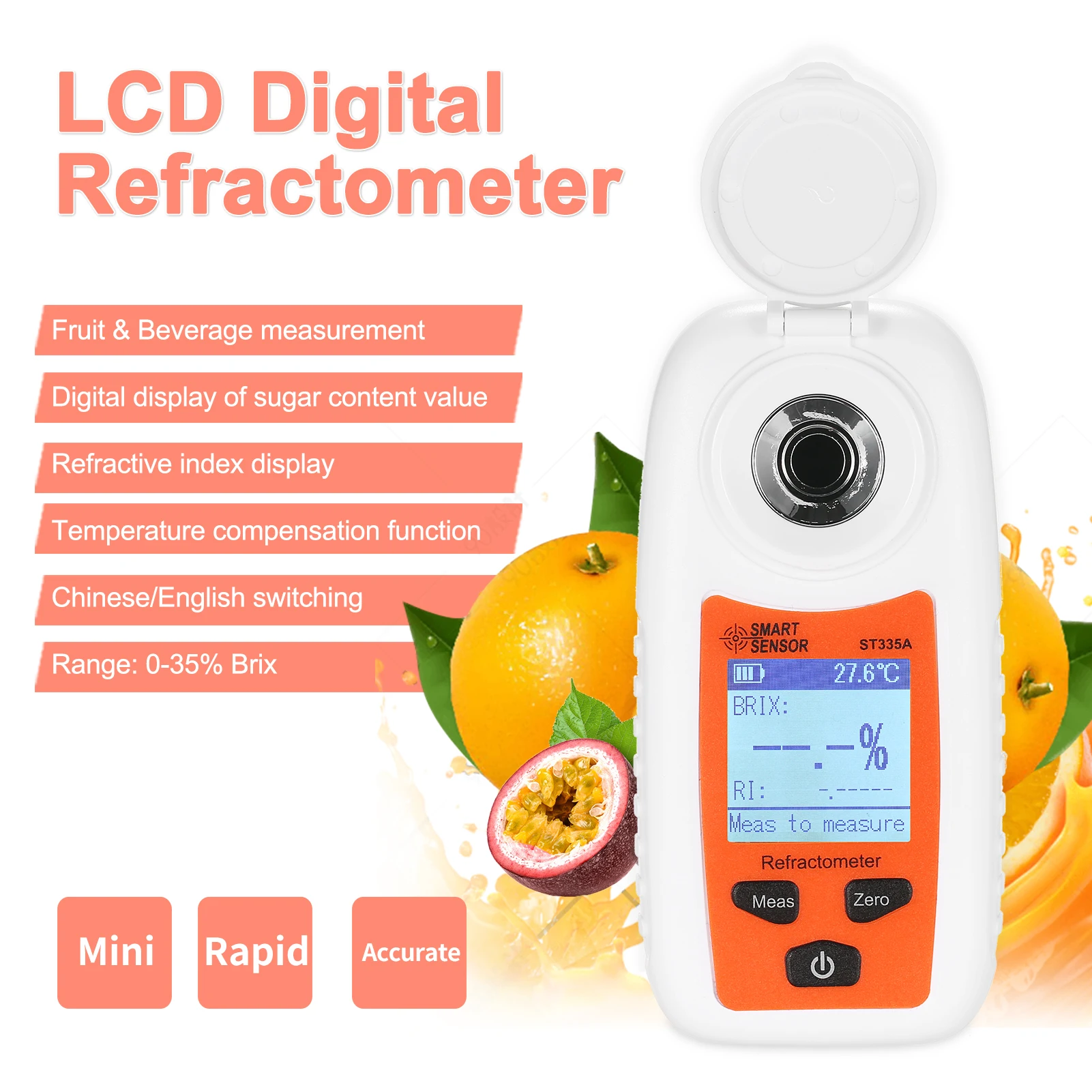 SMART SENSOR ST335A Digital Refractometer ATC Sugar Percent Tester 0-35% Brix Su