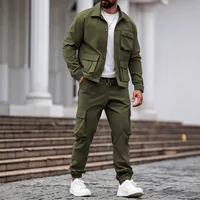 Printemps et automne hommes à la mode nouveau style de vêtements de travail sportifs couleur unie multi-poches conception à manches longues ensemble de pantalons longs 5
