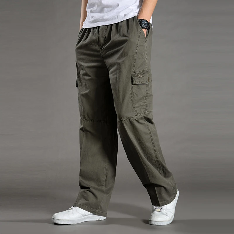 

Men's Classic Twill Relaxed Fit Cargo Pant Cotton Long elastic band Pants high rise Loose Casual Trousers Plus size for Summer