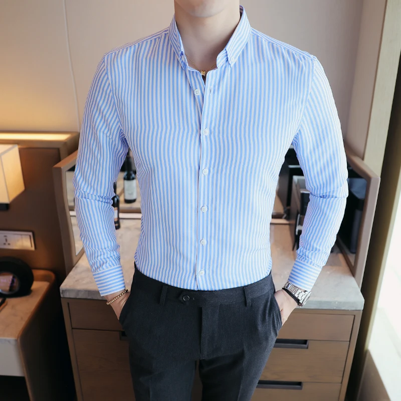Camisas De Hombre Business Casual Elegant Striped Shirts For Men Clothing Slim Fit Long Sleeve Formal Mens Dress Shirts