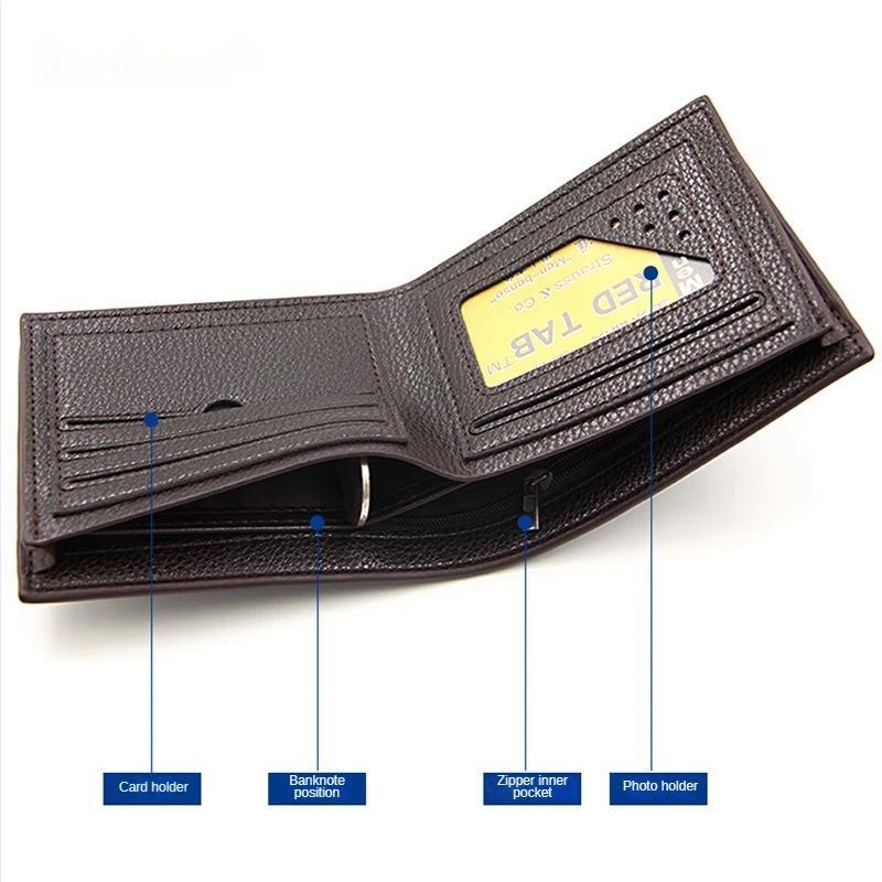 New Men's Wallet PU leather two fold multi card large capacity fashionable business lychee grain multi-functional short wallet