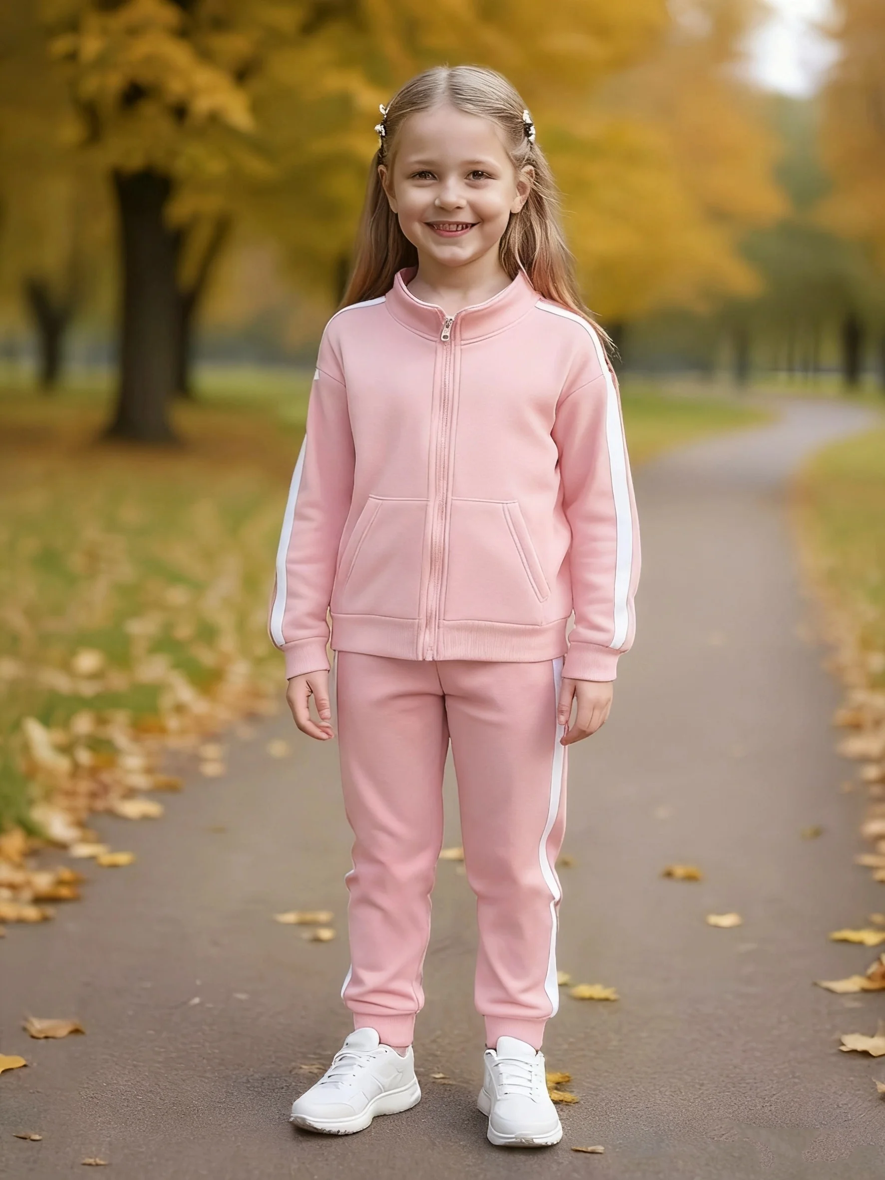 Herbst Winter Junge Mädchen Mode 2 stücke Zipper Jacke & Hosen Mit Weißen Streifen Akzenten Casual Sport Stil Wärme – Detail 4