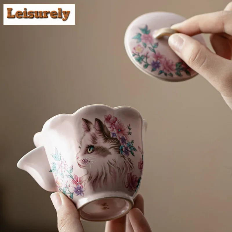 Pink Ru Kiln Flower Cat Teapot Retro Tea Infuser Pot Tea Maker Kettle With Filter Chinese Tea Cha Supplies Collection Teaware