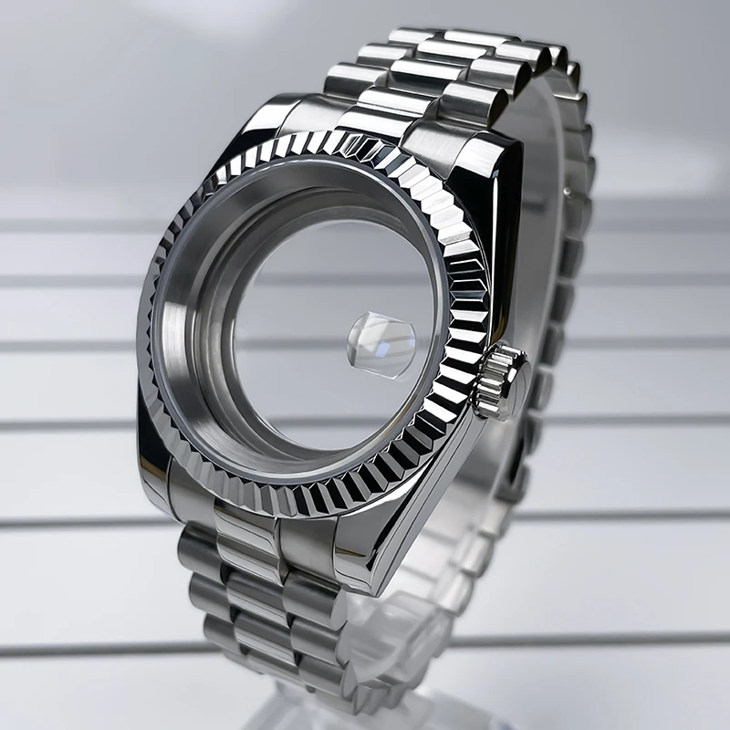 Watch Case 39mm NH35 Stainless Steel President Bracelet Sapphire Glass For Seik Mod Parts Fit NH35 NH36 Movement