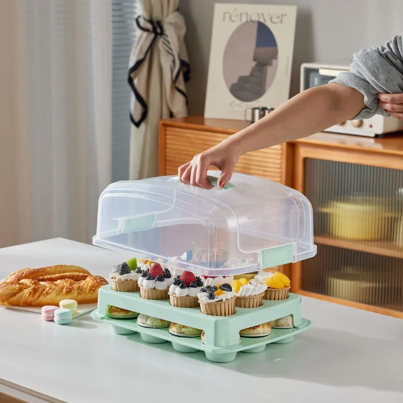 Double Tier Cupcake Carrier Muffin Cake Storage Box Transparent with Lid and Handle Cupcake Trays Baking Food Holder Containers